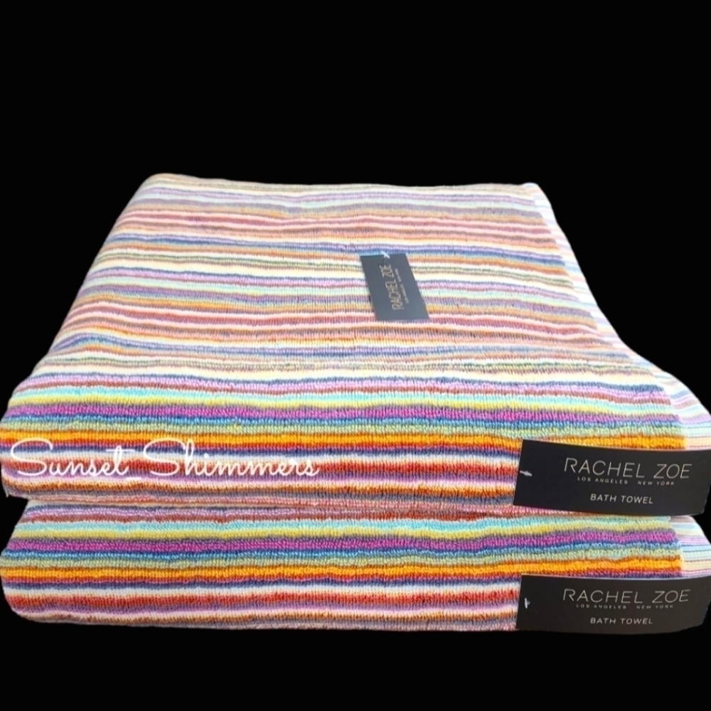 2pc Rachel Zoe Cotton Rainbow Striped Multicolored Bath Towel Set New